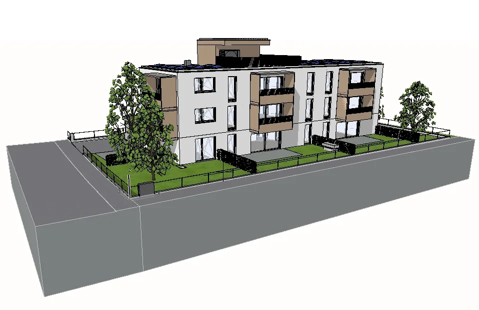 Rendering der Wohnanlage Holzackergasse 35 in Bregenz Rieden — Außenansicht mit Lage-Kontext