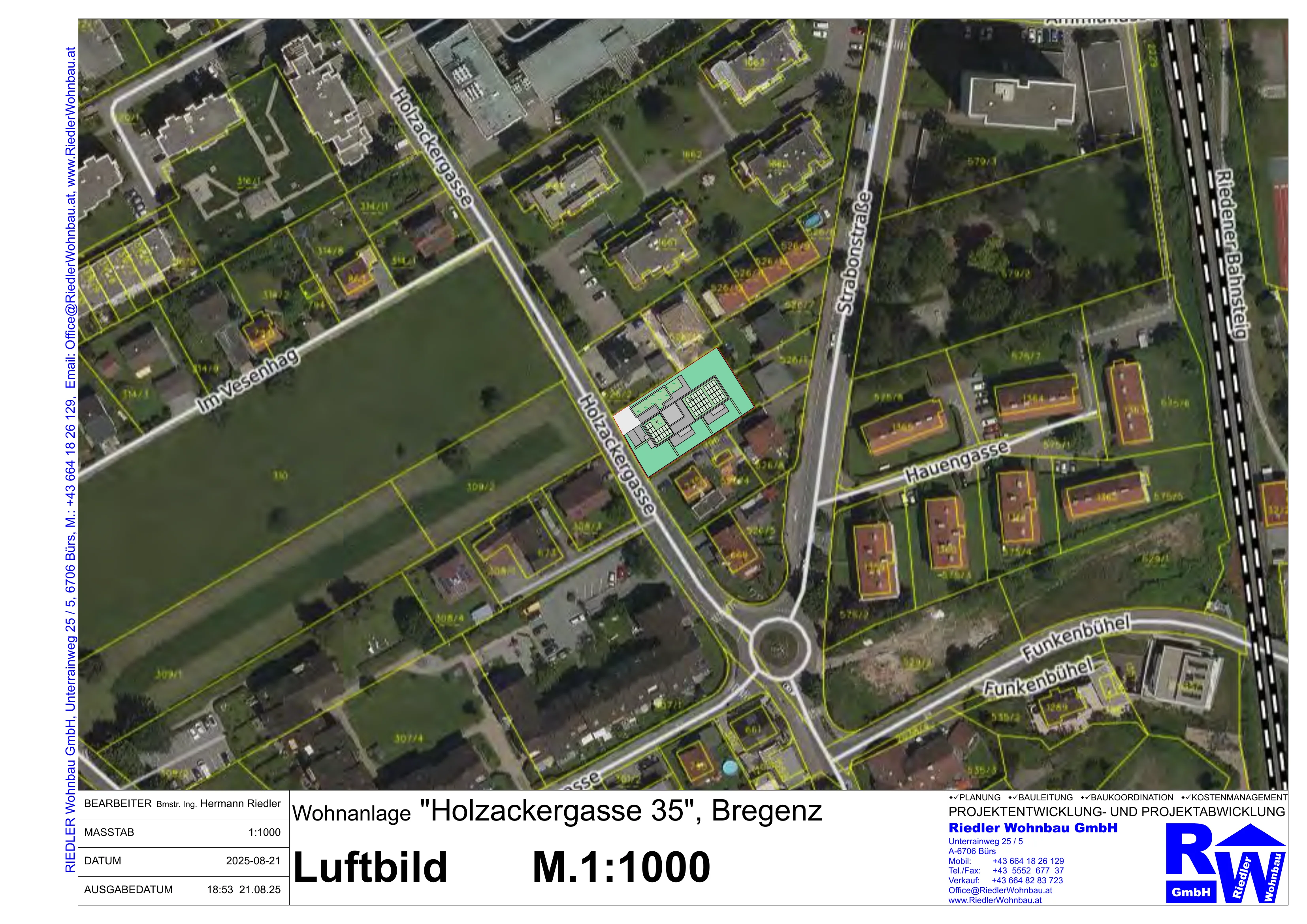 Luftbild Stadtteil Rieden in Bregenz mit Lage Holzackergasse 35 markiert