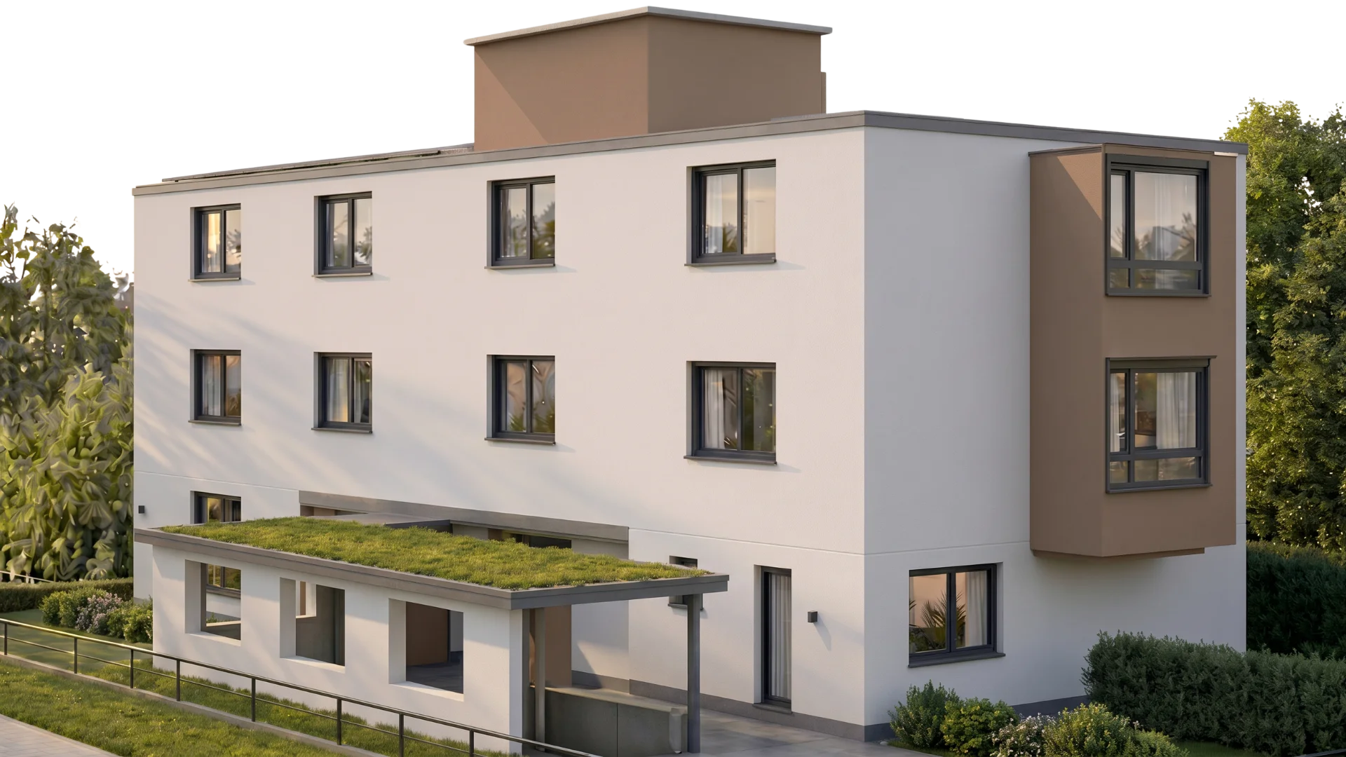 Rendering — Wohnanlage Holzackergasse 35, Seitenansicht mit Garten und Holzfassaden-Detail