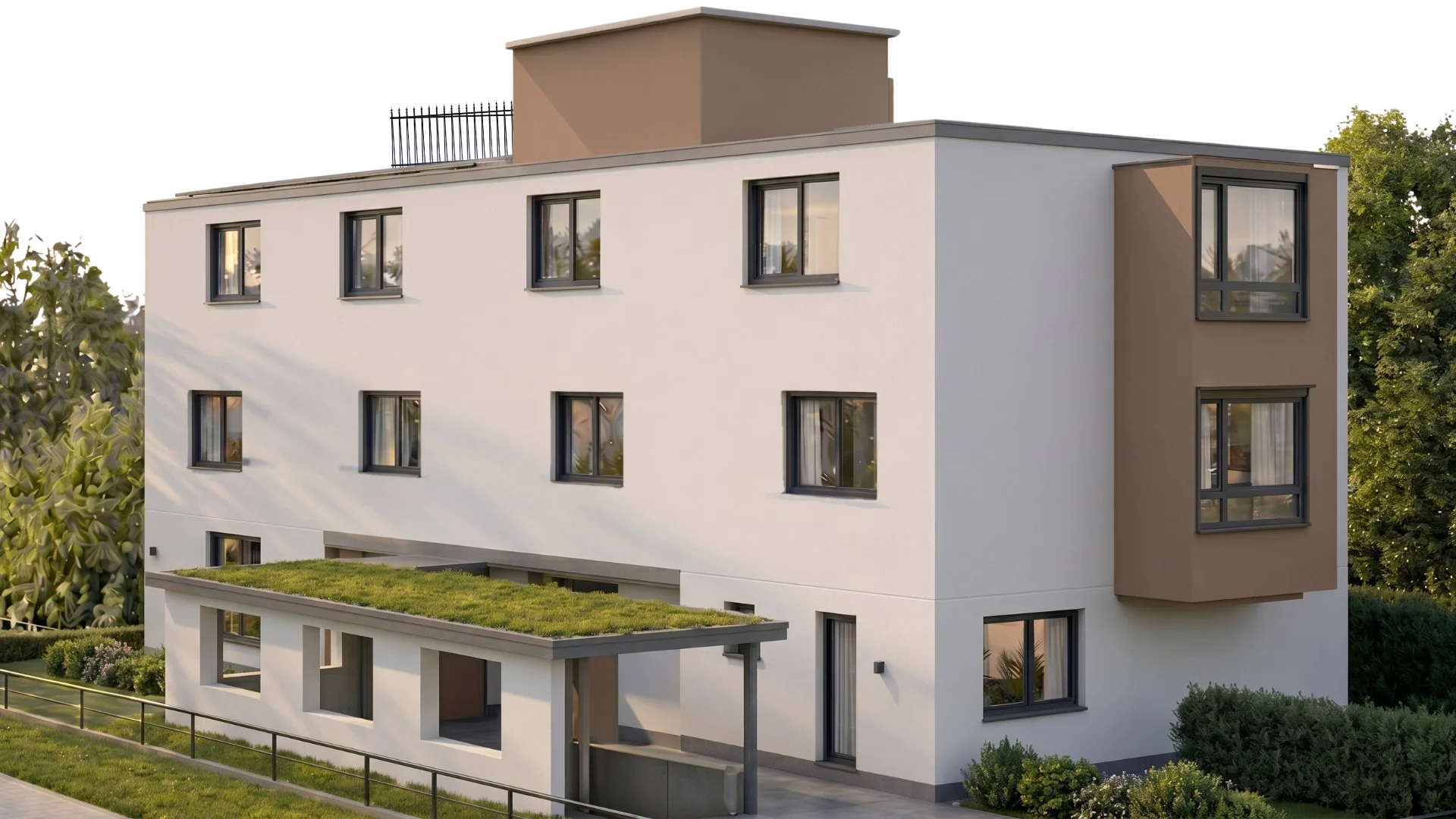 Rendering — Wohnanlage Holzackergasse 35, Seitenansicht mit Garten und Holzfassaden-Detail